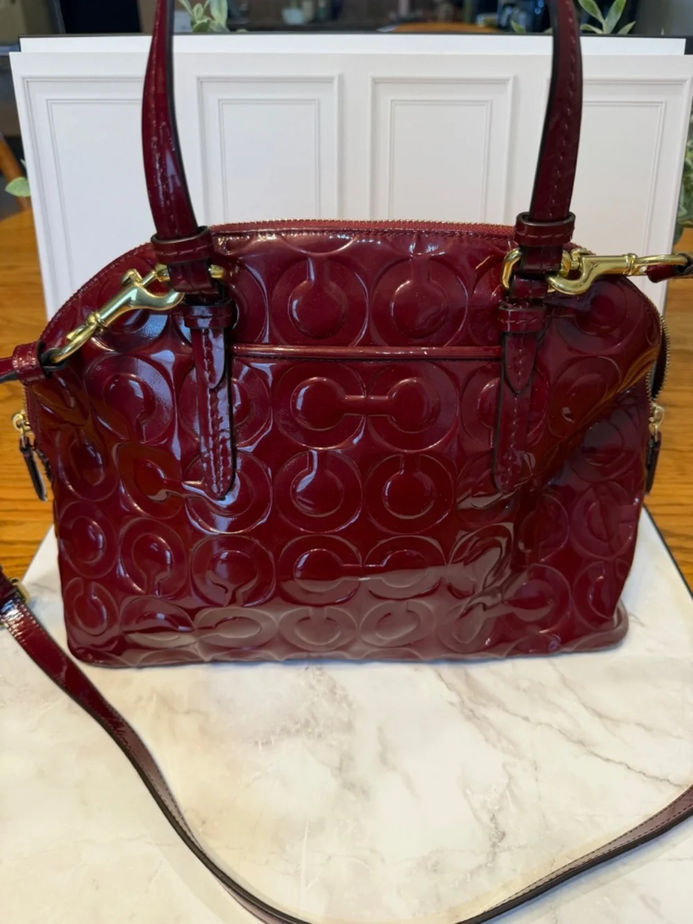 Coach Red Patent Leather Embossed Signature Dome Satchel & Matching Wallet Set